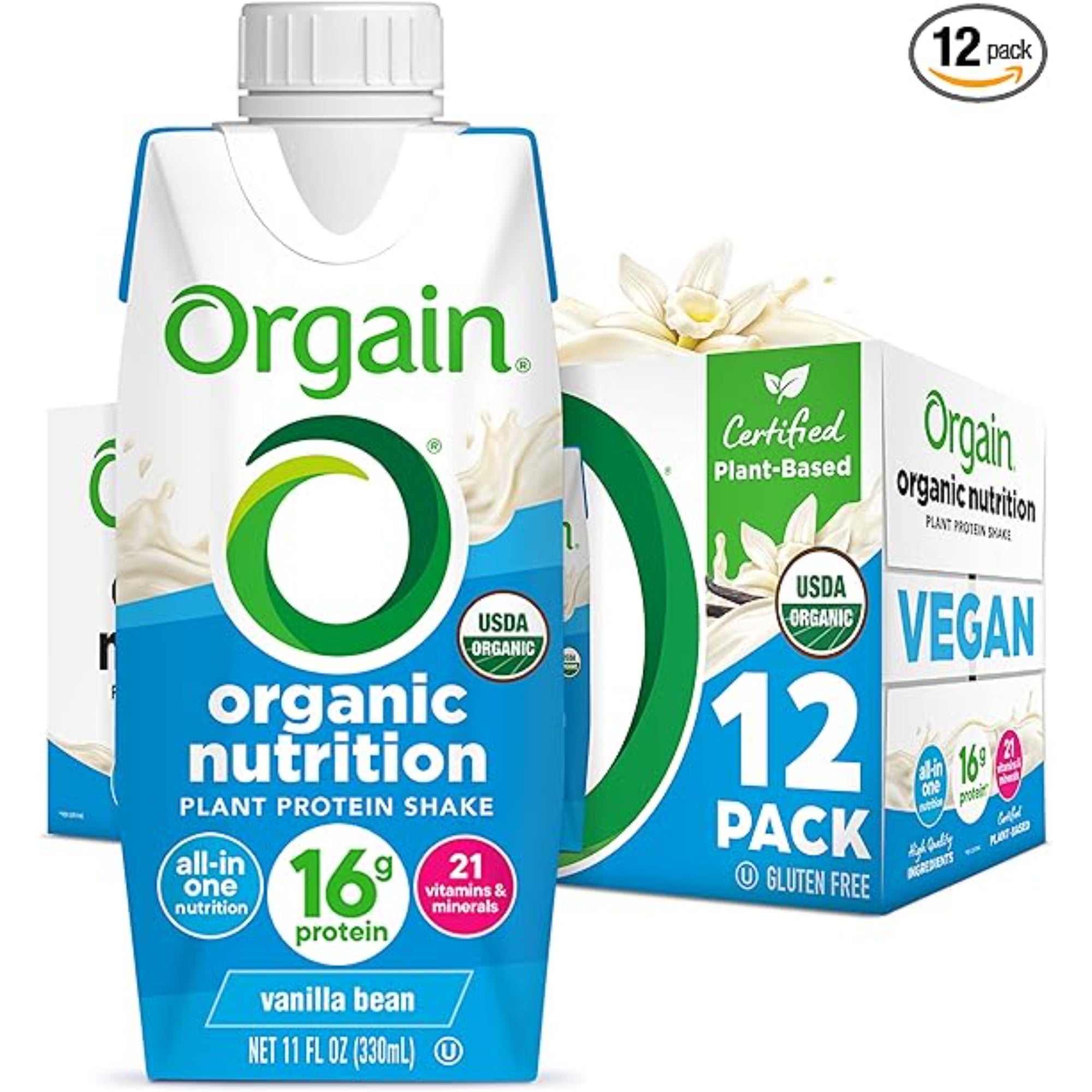 Orgain Organic Nutritional Vegan Protein Shake, Vanilla Bean - 16g Plant Based Protein, Meal Replacement, 21 Vitamins & Minerals, Fruits & Vegetables, Gluten Free, Non-GMO, 11 Fl Oz (Pack of 12)