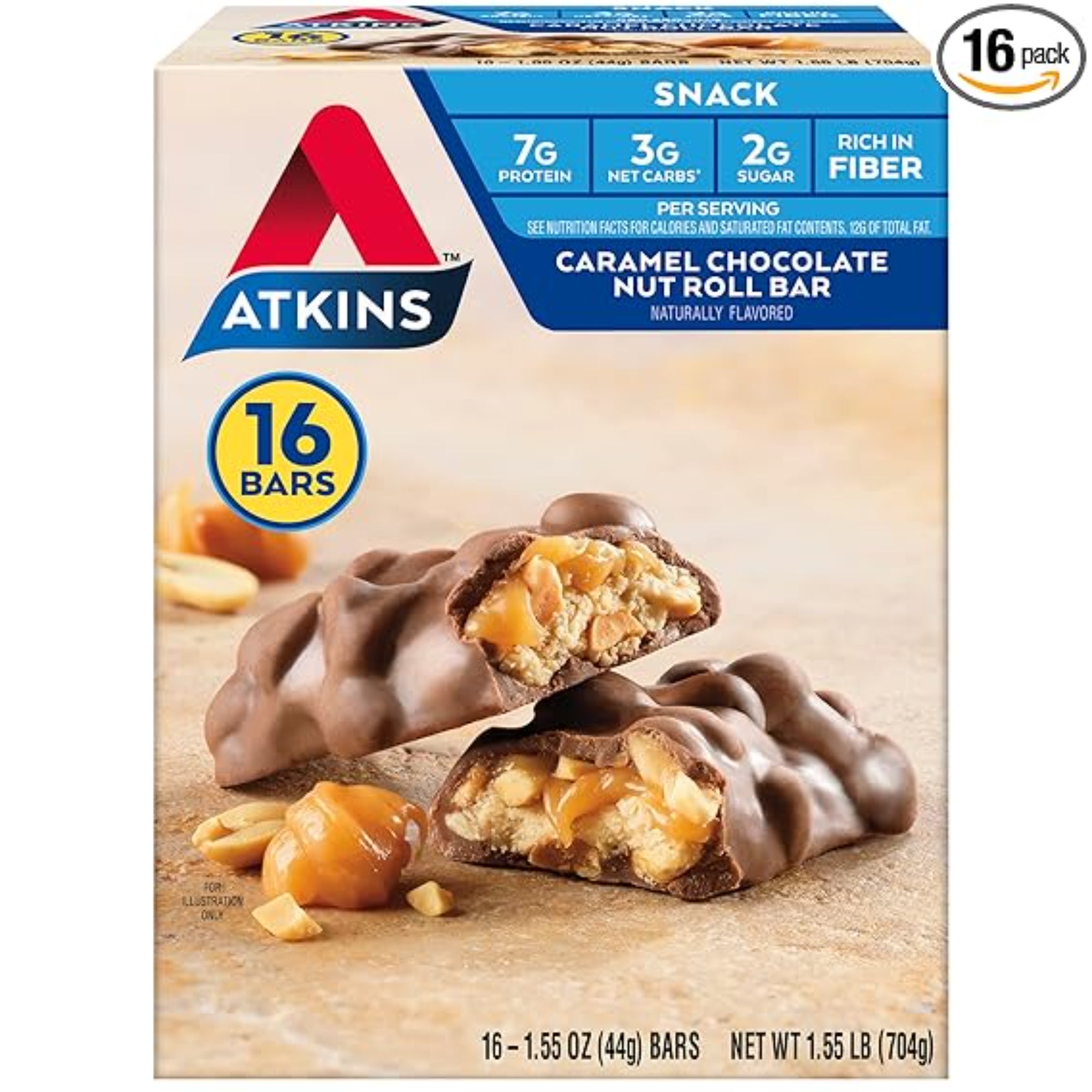 Atkins Caramel Chocolate Nut Roll Snack Bar 16 Count