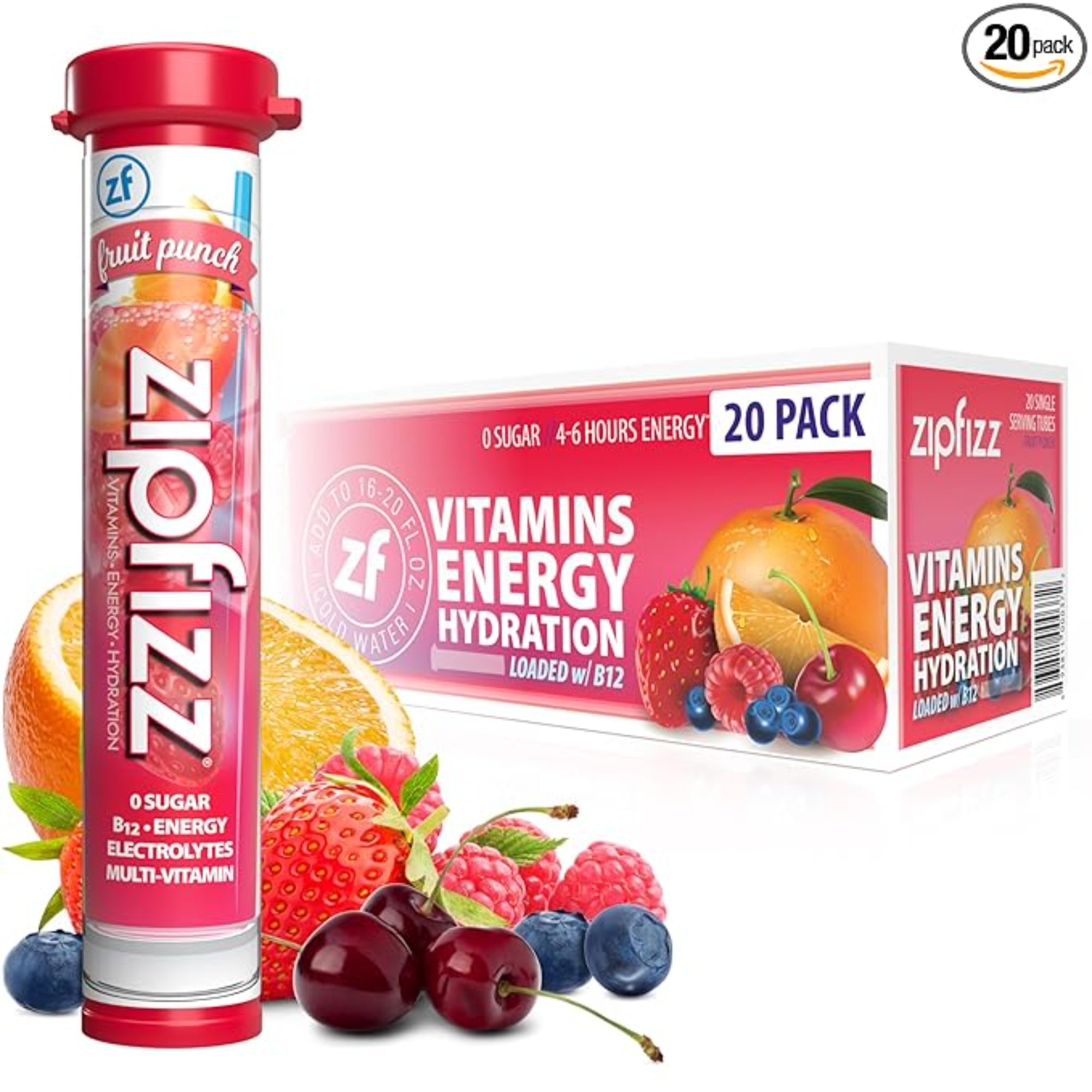 Zipfizz Daily Energy Drink Powder, Fruit Punch, 20 Pack