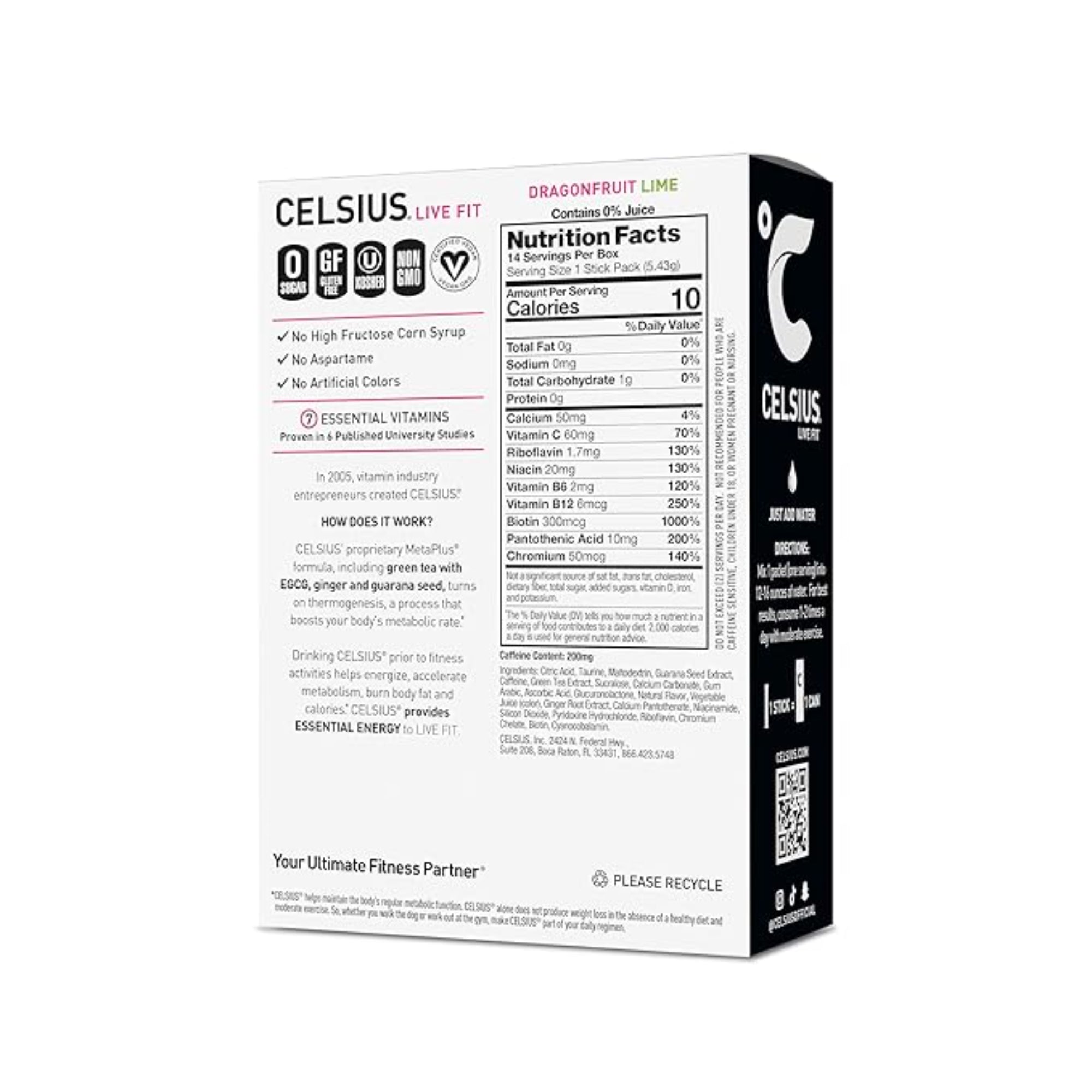 CELSIUS On-the-Go Powder Sticks Dragonfruit Lime, Essential Energy 2.8 Oz (14 Sticks per Pack)