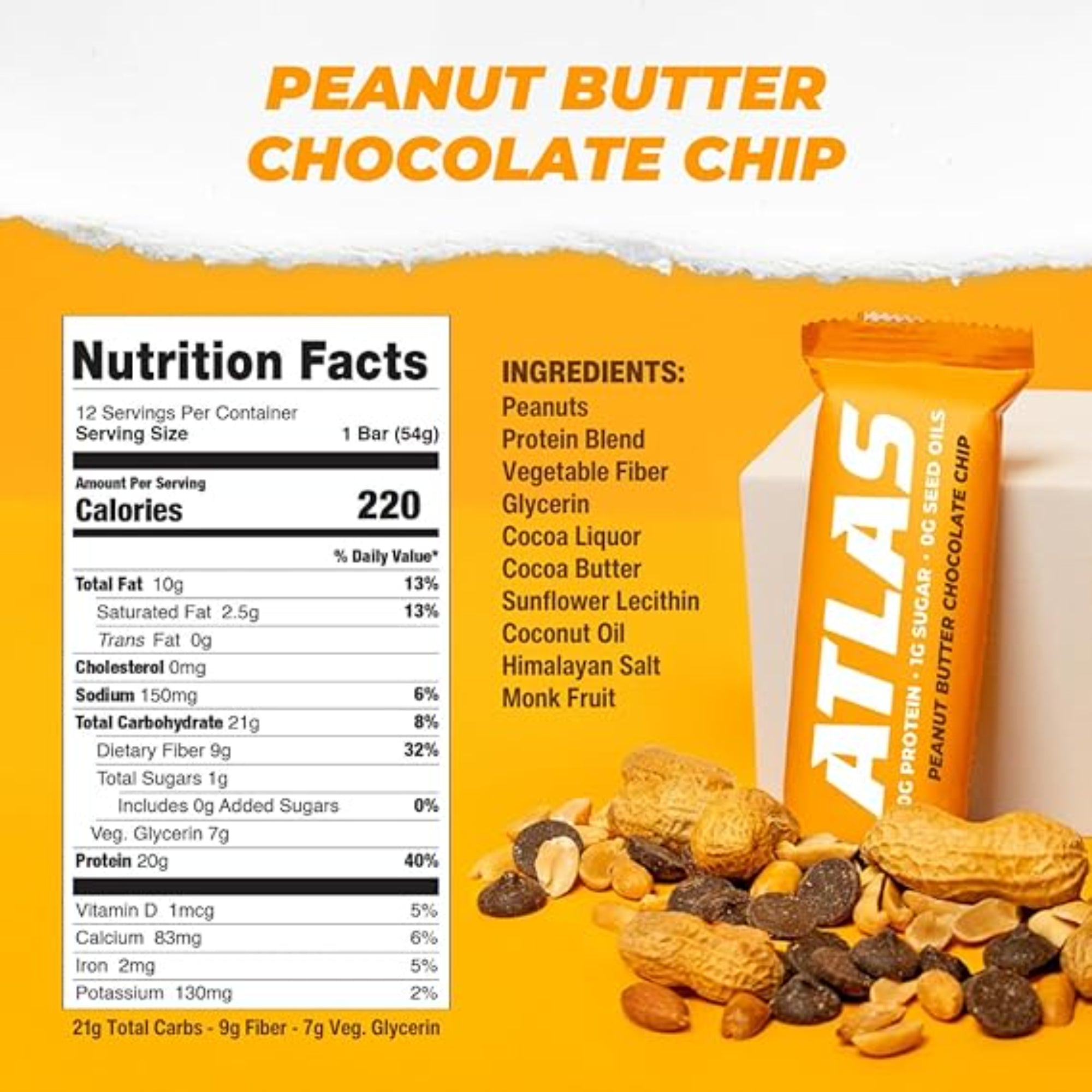 Atlas Protein Bar Peanut Butter Chocolate Chip, 12 Count