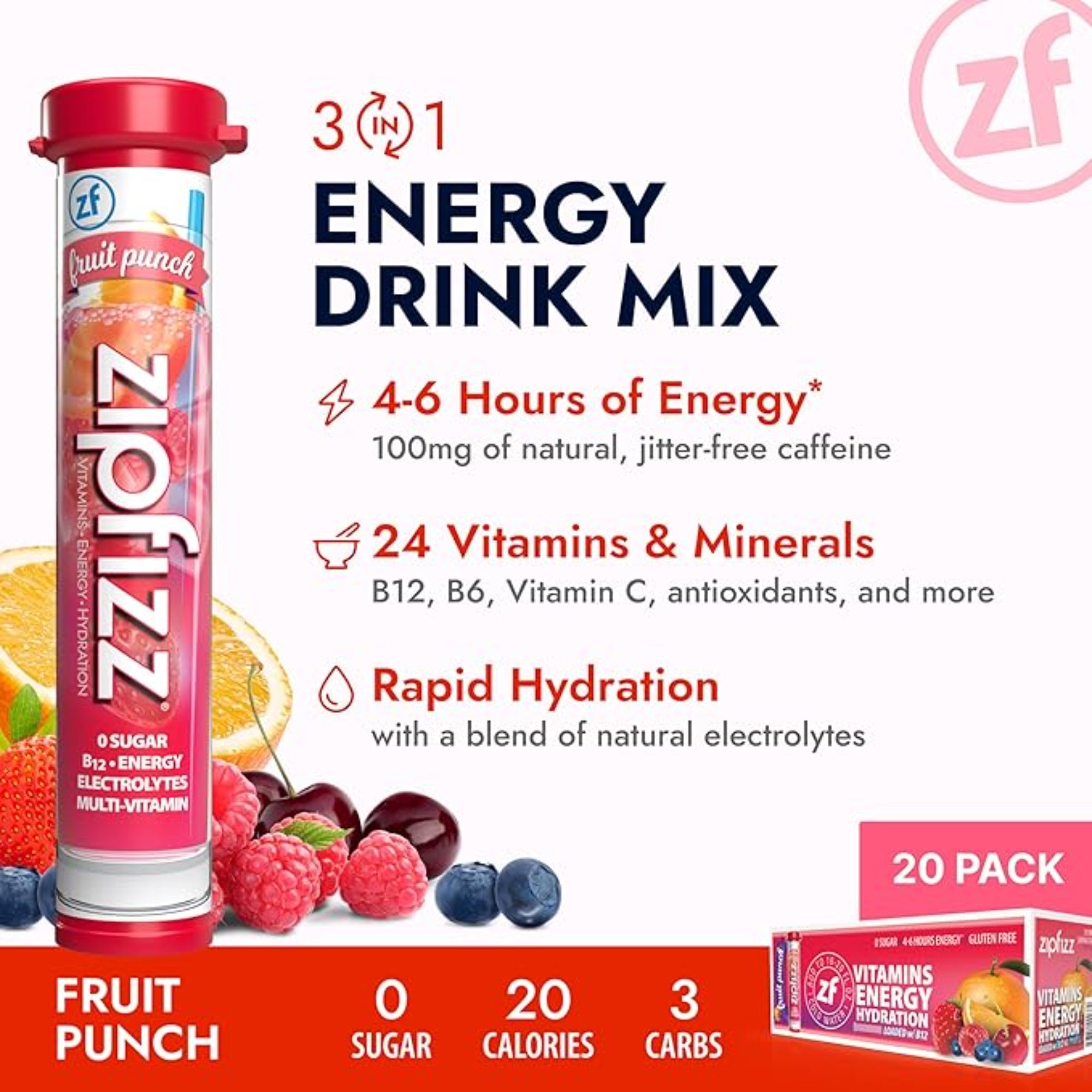 Zipfizz Daily Energy Drink Powder, Fruit Punch, 20 Pack