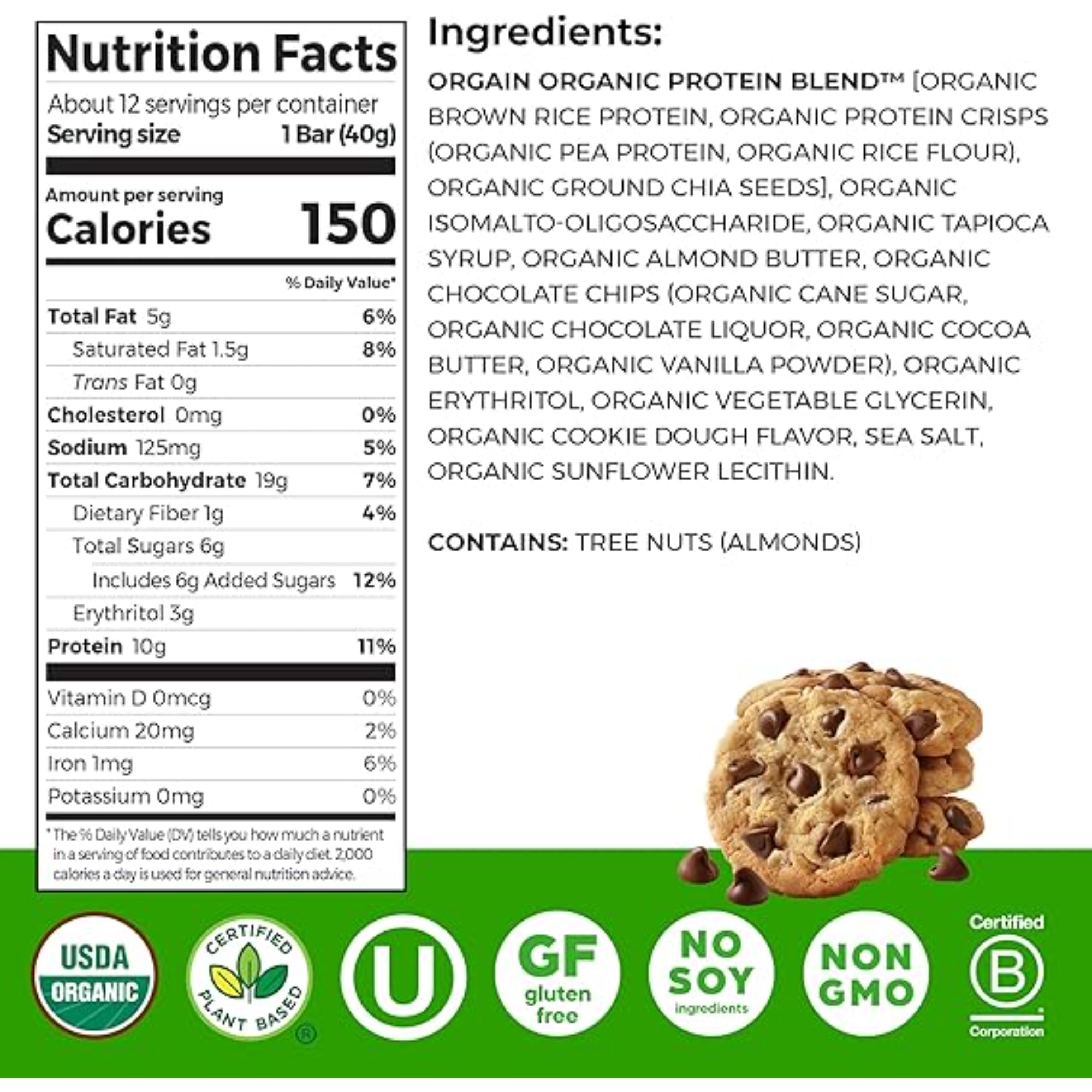 Orgain Protein Bar Chocolate Chip Cookie Dough 1.41 Oz (Pack of 12)