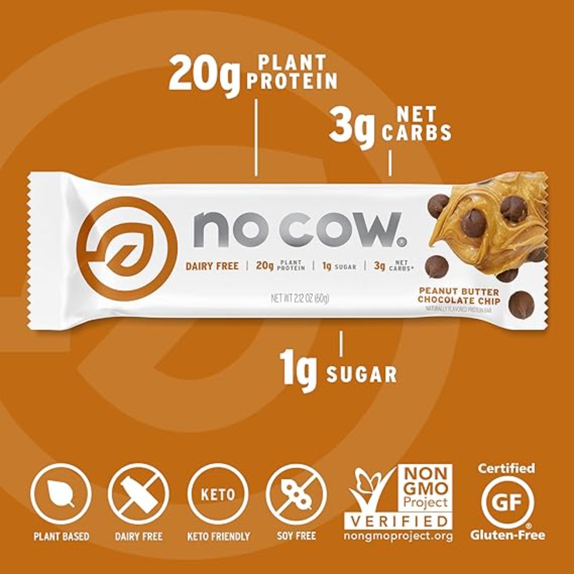 No Cow High Protein Bars, Peanut Butter Chocolate Chip (12 Count)