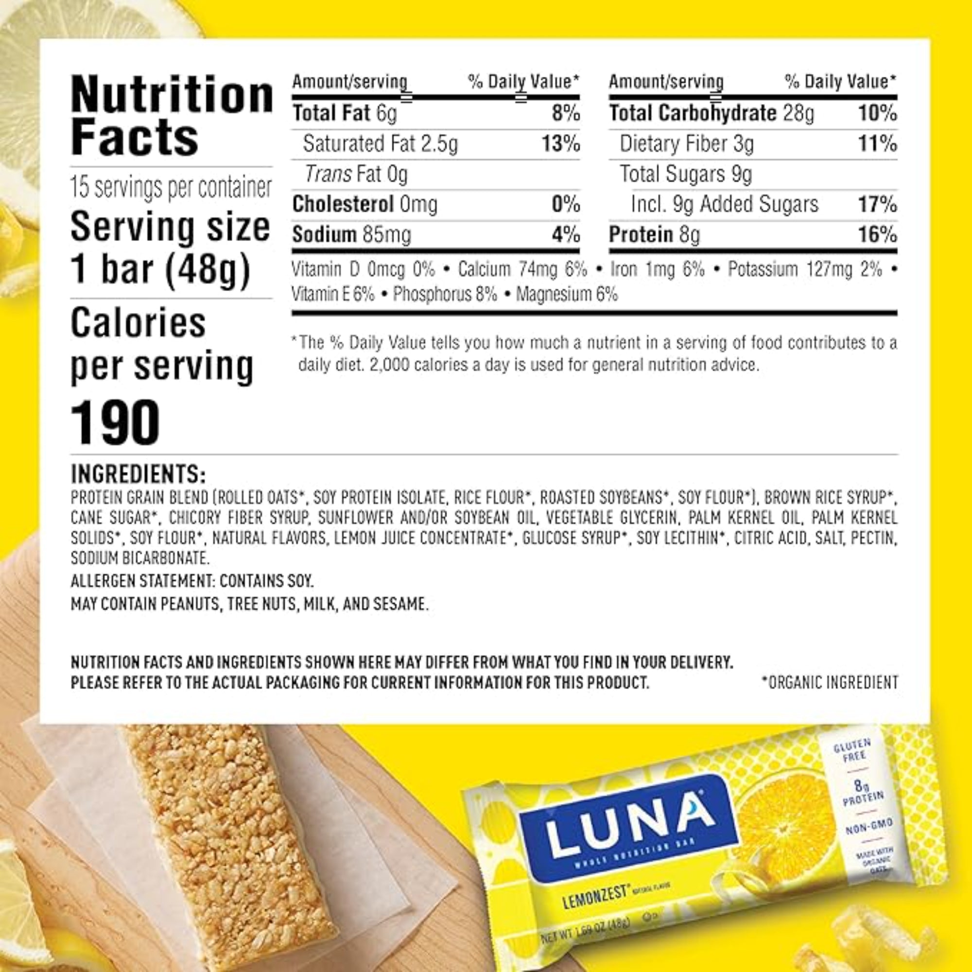 LUNA Bar Lemon Zest Flavor (12 Pack)