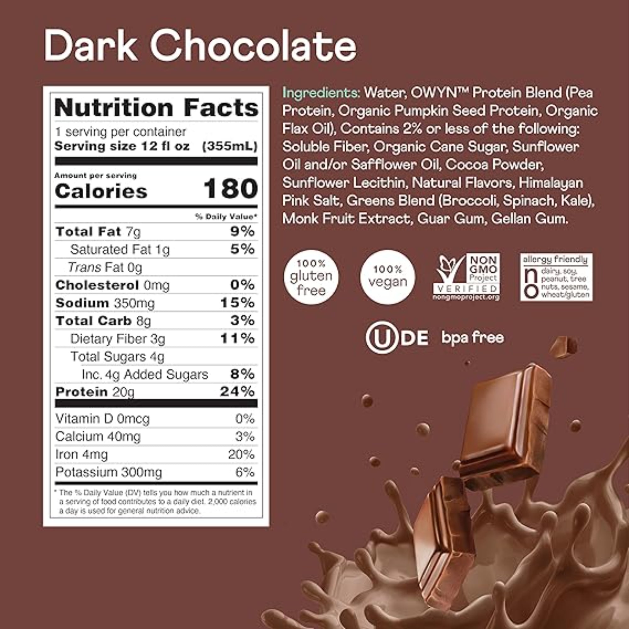 OWYN Only What You Need Plant Based Protein Shake, Dark Chocolate 12 Count