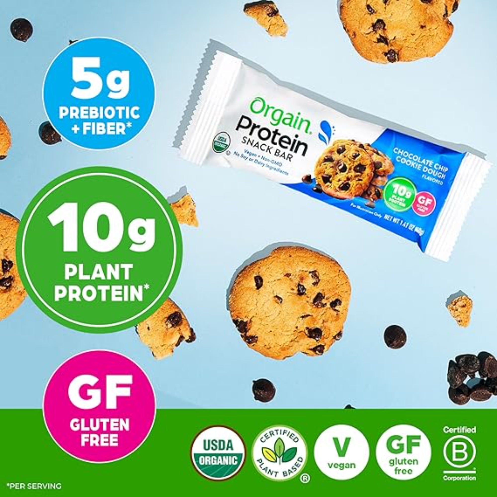 Orgain Protein Bar Chocolate Chip Cookie Dough 1.41 Oz (Pack of 12)