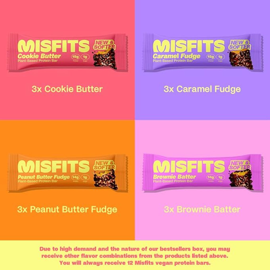 Misfits Vegan Protein Bars  Variety Pack of 12 (4 Flavors)