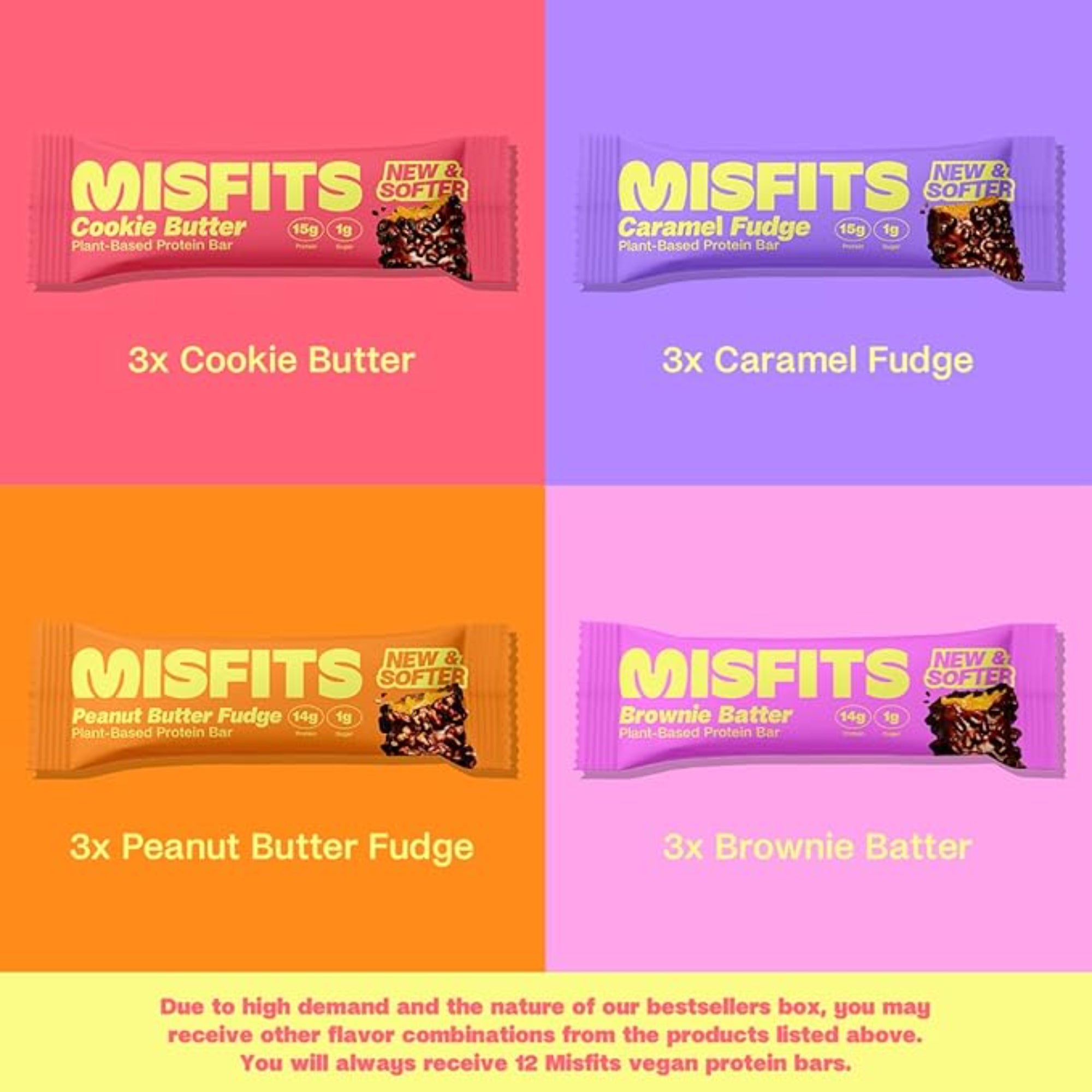 Misfits Vegan Protein Bars  Variety Pack of 12 (4 Flavors)