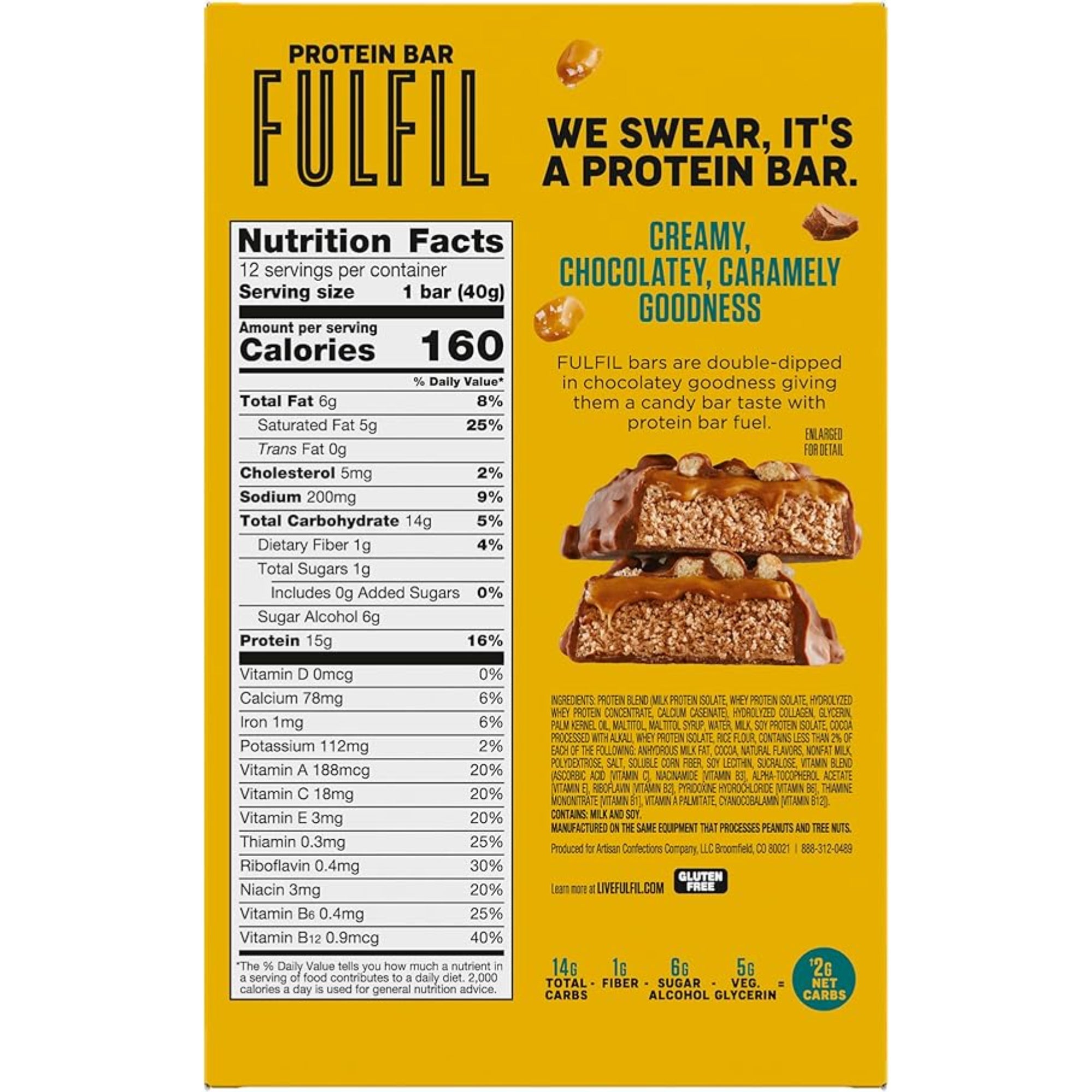 FULFIL Protein Snack Bars Chocolate Salted Caramel Flavored 12 Count