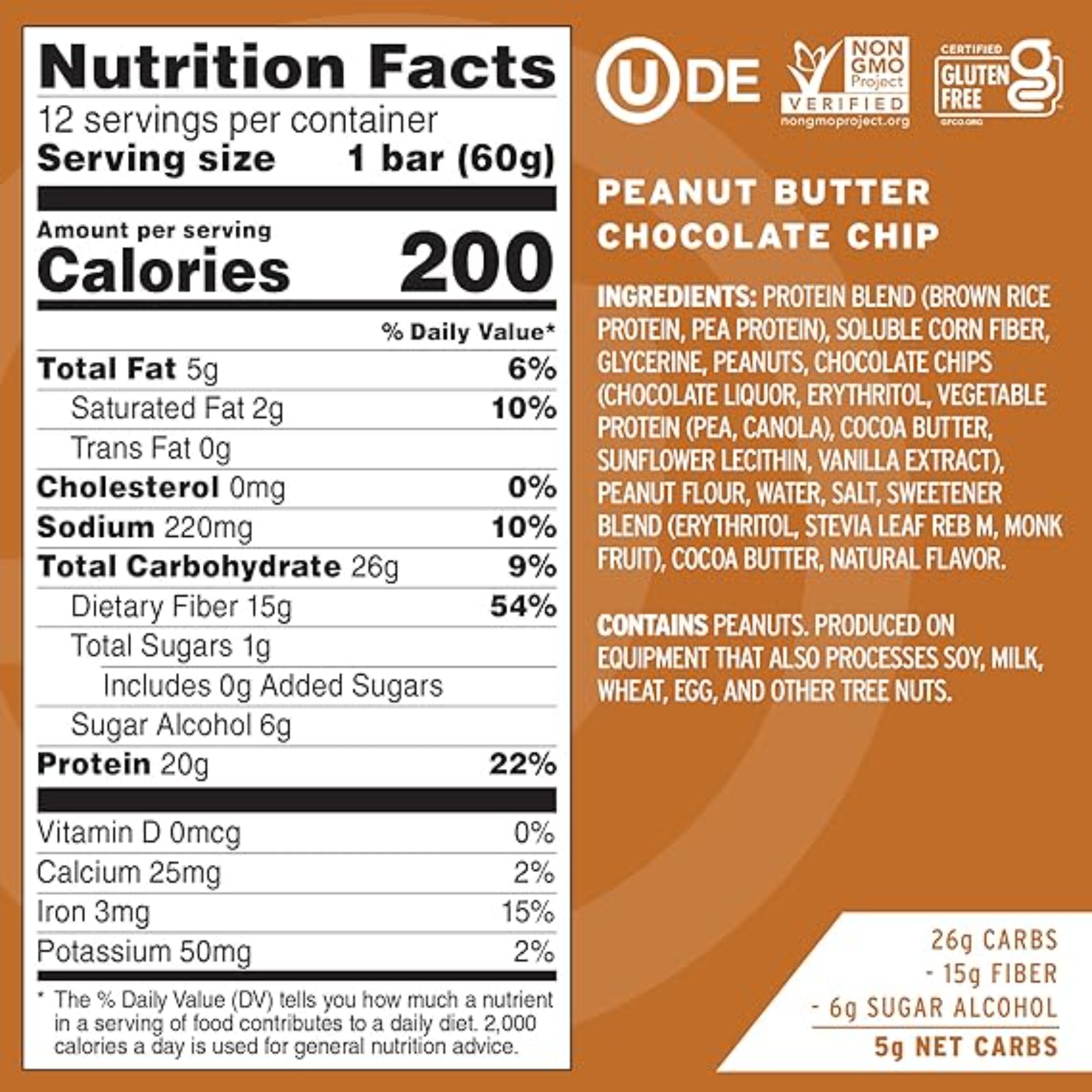 No Cow High Protein Bars, Peanut Butter Chocolate Chip (12 Count)