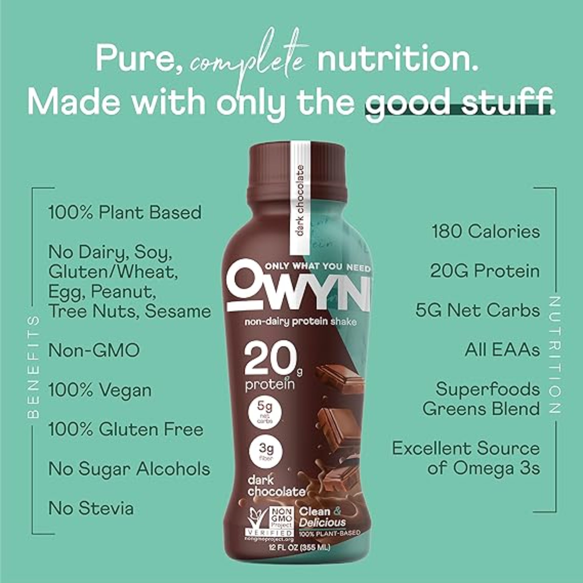 OWYN Only What You Need Plant Based Protein Shake, Dark Chocolate 12 Count