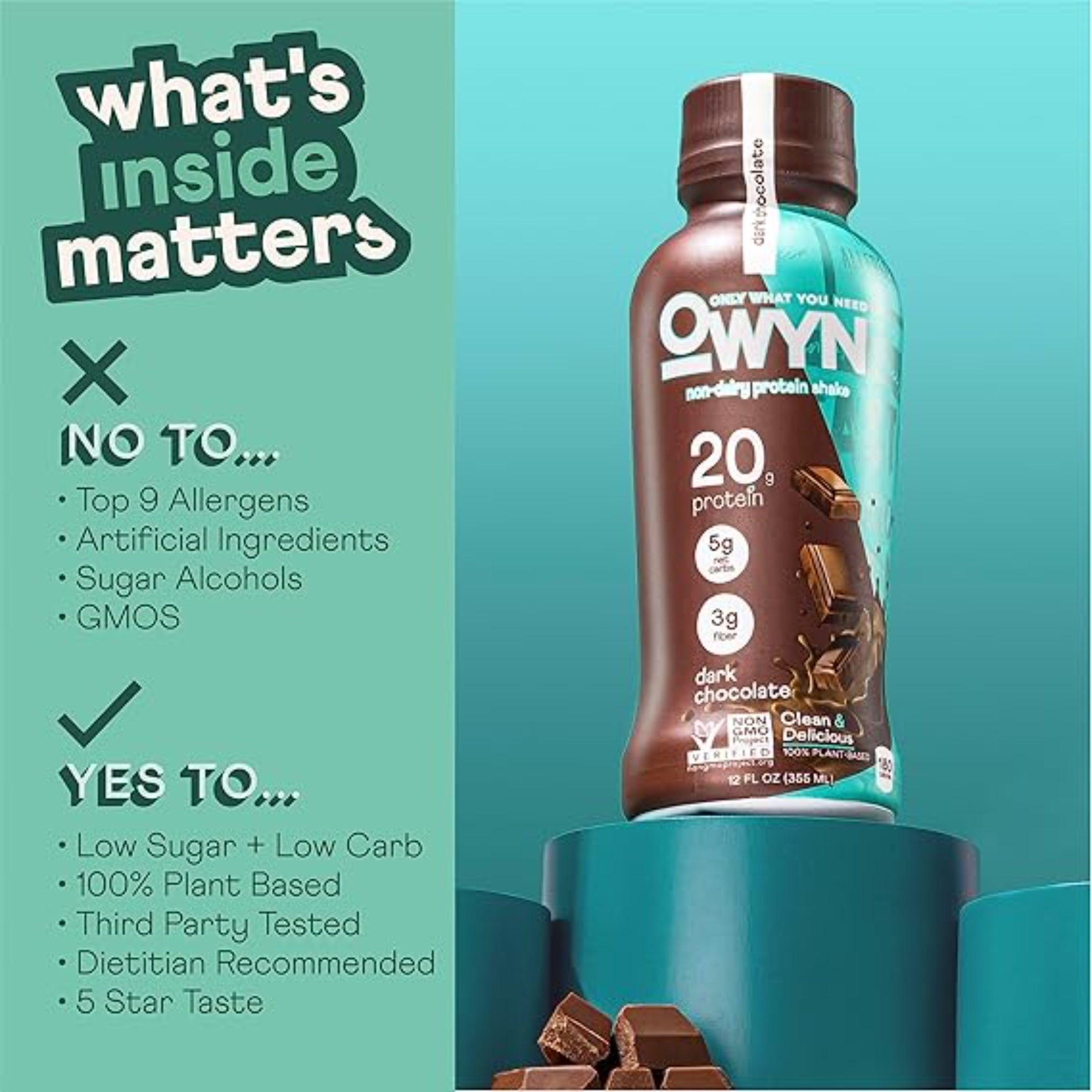 OWYN Only What You Need Plant Based Protein Shake, Dark Chocolate 12 Count